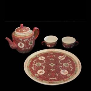 Chinese Family Mun Shou Rose Tea Pot  Cups Platter Long Life.